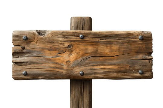 Blank weathered rustic wooden signpost on a wood pole, ready for custom text or directional information, transparent background