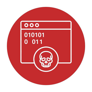 Cyber threat icon with skull and binary code on red circle background