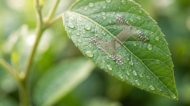 Green leaf with water droplets, a fresh vibrant plant surface, natural dew on foliage, close-up of a healthy botanical texture, perfect for nature and environmental themes.