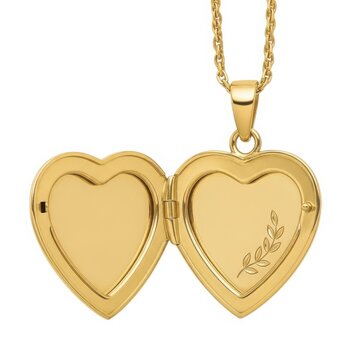 Golden heart-shaped locket with intricate engravings and a delicate chain isolated on white background