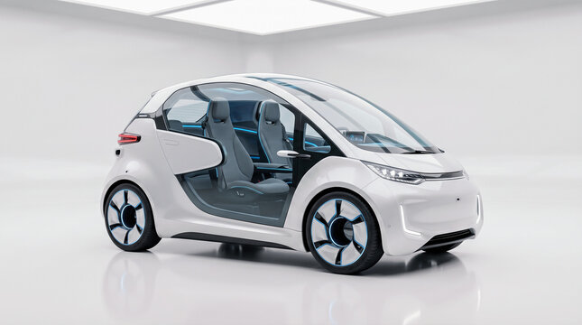 Futuristic white electric vehicle concept car featuring transparent glass doors parked inside bright modern studio room showcasing innovative clean automotive design