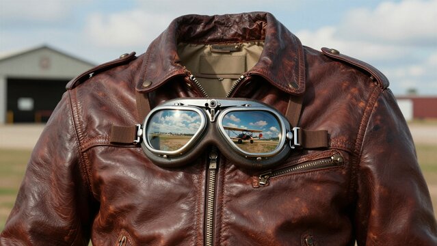 A close-up of a brown leather flight jacket with vintage aviator goggles resting on the chest, reflecting an airplane on a runway.