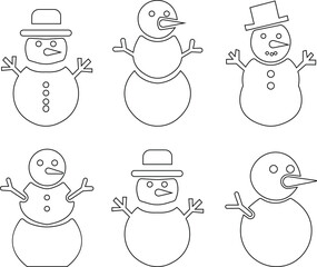 Naklejka premium snowman icon set, joyful demeanor. The snowman is ready for winter, various winter active holiday poses for greeting cards and decor. showcasing festive characters accessories like scarves, hats, sled