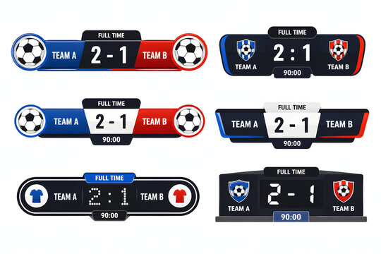 Football Score Results Display on Digital Scoreboards with Soccer Balls and Team Logos