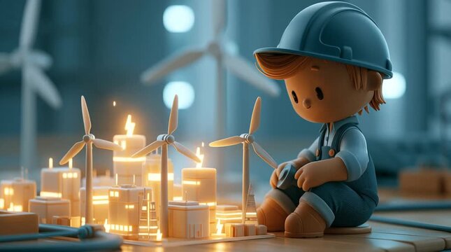 A cartoon engineer spins miniature wind turbines that power a glowing city model, in bright optimistic colors and a smooth, seamless loop animation.