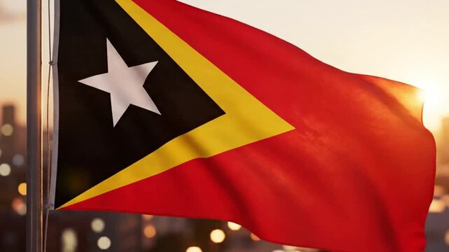 The national flag of east timor waving in the wind against a blurred sunset background