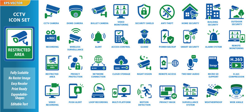 CCTV Security Icon Set Dualtone Blue Green Surveillance Monitoring Camera Symbols Vector Collection