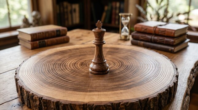 A wooden chess piece on a tree trunk slice with books and an hourglass