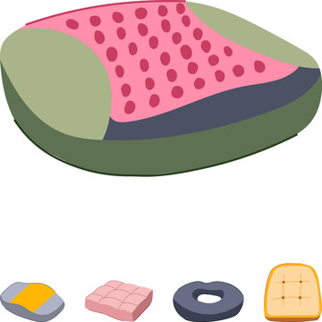 Collection of ergonomic and orthopedic cushions providing comfort and support for seating, each designed with different shapes and features for various needs and posture improvement