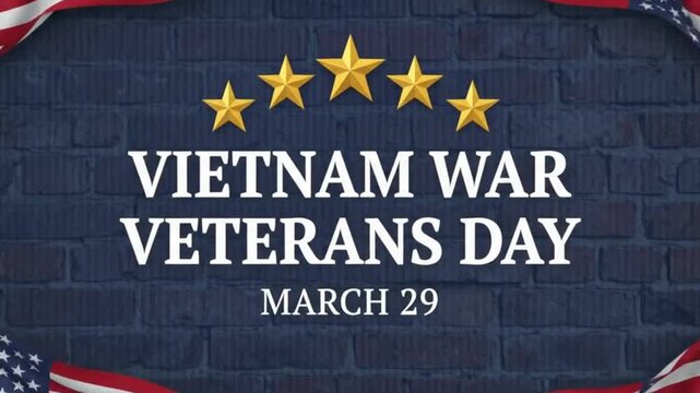 Vietnam war veterans day graphic with five gold stars and american flags on a blue brick background