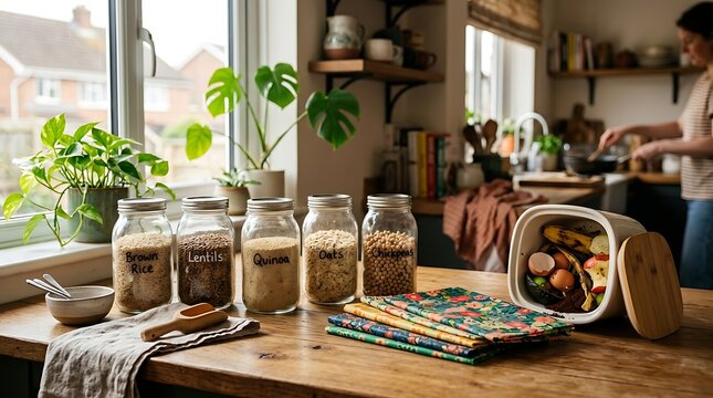 Sustainable kitchen with glass pantry jars and compost bin.