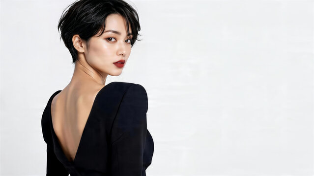 黒いドレスで背中を見せるショートヘアの日本人女性の美容ポートレート