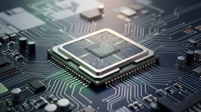 Green leaf symbol on central processing unit chip and circuit board