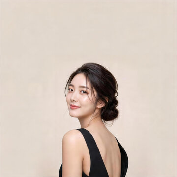 黒いドレスで背中を見せるアップヘアの日本人女性の美容ポートレート