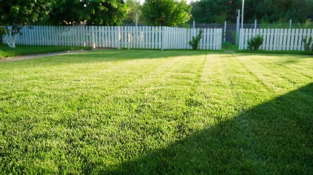 Freshly mowed green lawn in backyard with white fence at sunset 