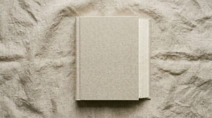 Closed linen book on wrinkled fabric background