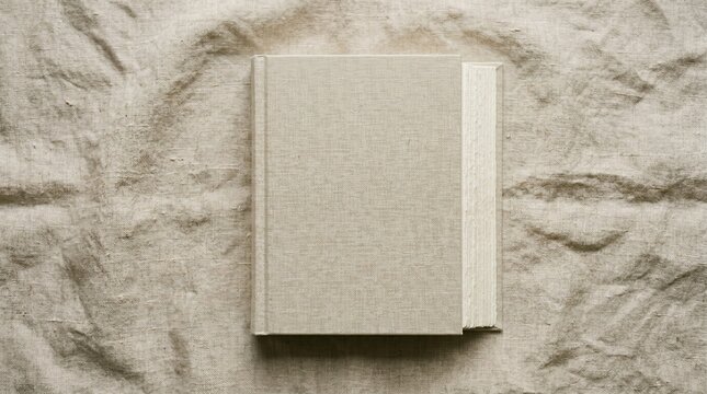 Closed linen book on wrinkled fabric background