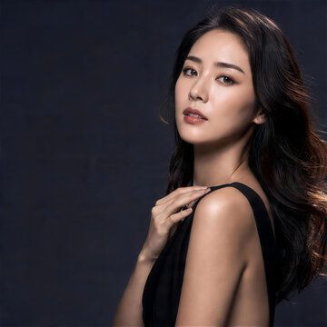 黒いドレスでポーズをとるロングヘアの日本人女性の美容ポートレート