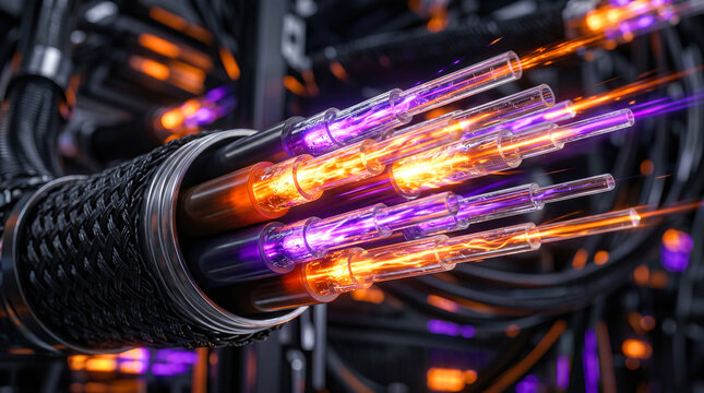 Glowing colorful fiber optic cables transmitting bright orange light energy representing futuristic high speed digital internet communication data network transfer connection technology