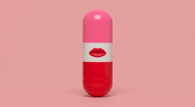 a pill with lips in a kiss pose; lipstick pharmaceutical concept