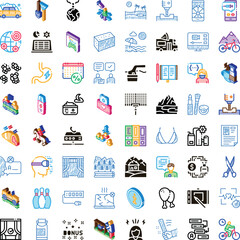 Fototapeta premium Large collection of colorful doodle and isometric icons representing various modern technologies, abstract concepts, business elements, and social interactions for web design