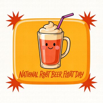 National root beer float day illustration with cute cartoon cup beverage character sparkling refreshing