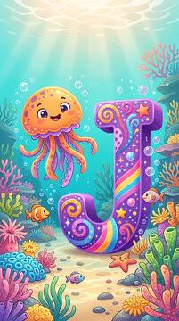 Friendly cartoon jellyfish beside a patterned letter j in a coral reef