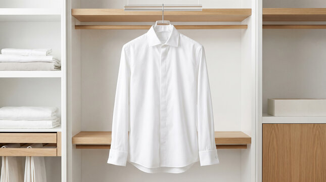 Clean white long sleeve formal cotton dress shirt hanging beautifully inside modern minimalist luxury wooden wardrobe closet showing elegant male fashion