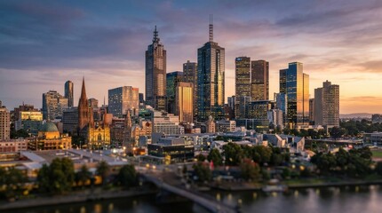 Obraz premium Melbourne Skyline at Dusk: A panoramic view of the Melbourne cityscape at twilight, showcasing iconic skyscrapers illuminated against a vibrant, colorful sky, with a river flowing in the foreground.
