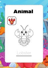 Obraz premium Educational Lobster Coloring Activity Worksheet for Preschool Kids Learning Sea Animals Featuring Underwater Marine Life Background Illustration