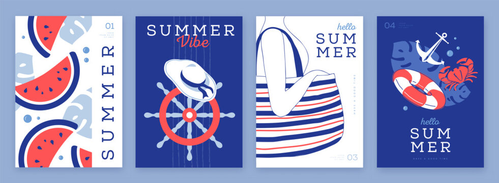 Set of summer striped sea vacation posters or covers. Flat design.  Mediterranean-themed summer vibe backgrounds. Vector illustration