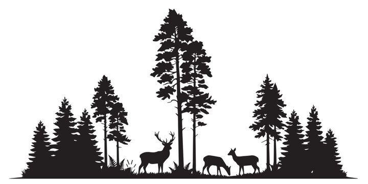 Deer Silhouette Forest Scene with Trees. A black silhouette of deer and trees in a forest landscape