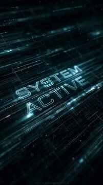 A futuristic interface with flowing holographic data streams and rotating digital particles, featuring giant glowing &ldquo;SYSTEM ACTIVE&rdquo; typography pulsing with vibrant light energy.