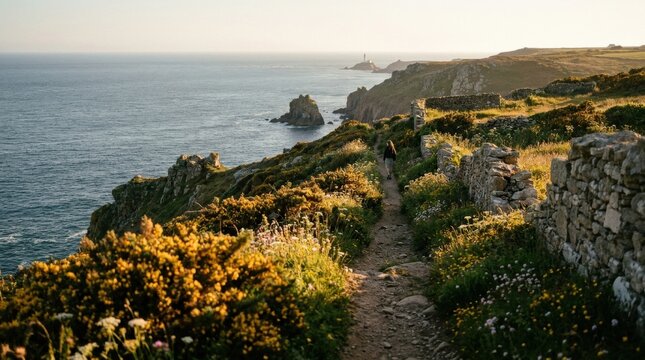 Coastal Path Serenity: A sun-drenched path winds along a rugged coastline, with the vast ocean stretching to the horizon, dotted with rocky outcrops and lush vegetation.