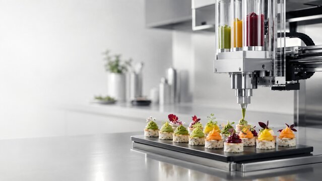 Robotic food printer decorating gourmet snacks on tray. Automated kitchen machinery preparing bite sized appetizers. Future of culinary industry and innovative food technology equipment.