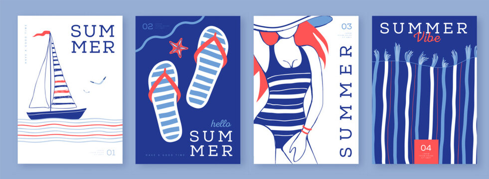 Set of summer striped sea vacation posters or covers. Flat design.  Mediterranean-themed summer vibe backgrounds. Vector illustration