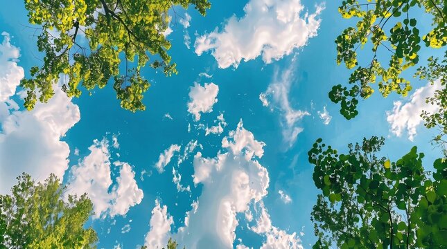 Looking up at green tree branches against a blue sky with clouds