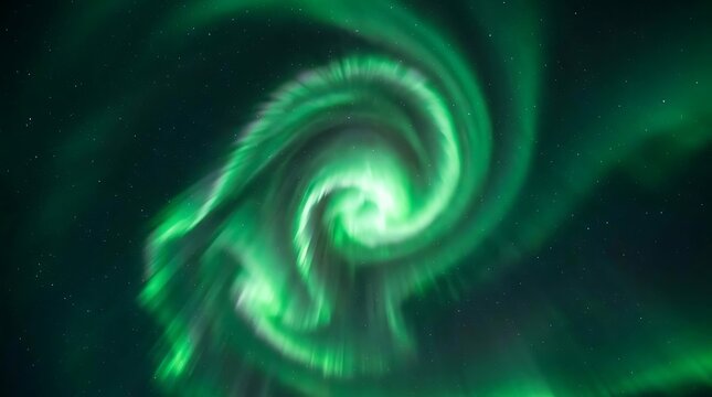 Vibrant green aurora borealis swirling across the dark night sky filled with tiny glowing stars captured in a stunning long exposure photograph of arctic natural light