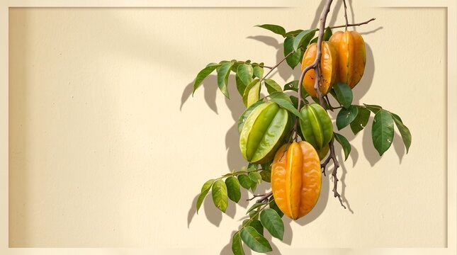 Fresh starfruit hanging on a branch against a beige background