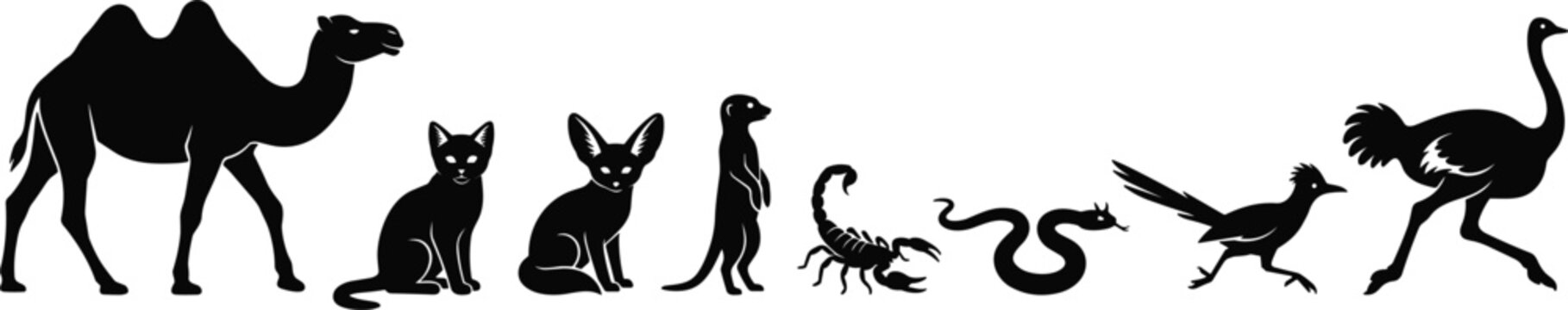 Desert Animal Black Silhouette Icon Set Featuring Camel, Fennec Fox, Meerkat, Scorpion, Horned Viper, Roadrunner, and Ostrich for Graphic Design