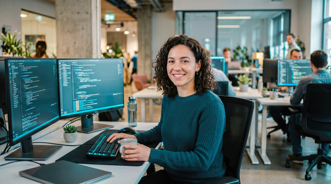 Smiling professional female software developer looking toward camera while typing computer code upon dual monitors inside modern open busy corporate workspace environment