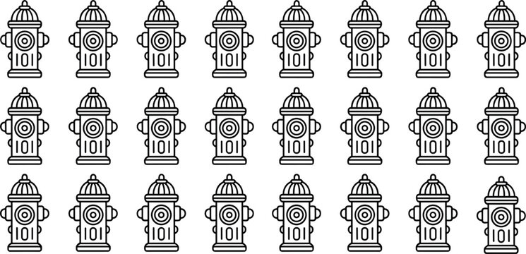 Fire hydrant vector illustration pattern set outline icon black and white minimalist firefighter safety equipment background grid