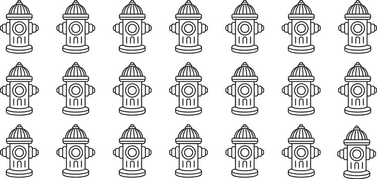 Fire hydrant vector illustration pattern set outline icon black and white minimalist firefighter safety equipment background grid