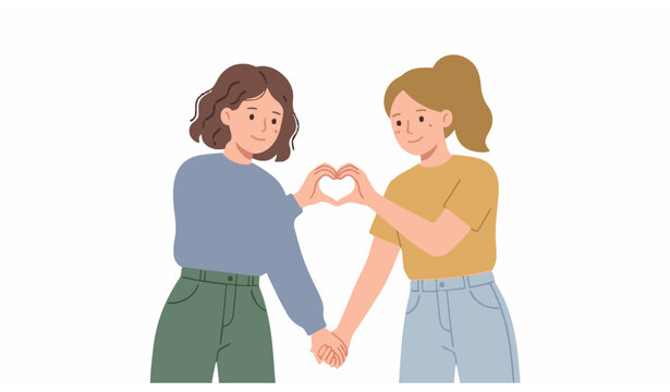 Minimal vector illustration of two best friends girls showing heart hand sign symbolizing sister for life friendship concept on white background