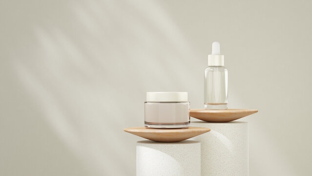 Commercial skincare product presentation with cream jar and serum bottle placed on elevated podiums. Ideal for beauty branding, cosmetic marketing campaigns, and advertising mockup projects.