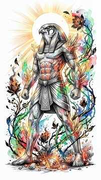 Egyptian god Ra with falcon head and sun disk, ink and watercolor illustration, crystal glass body and vibrant colors, powerful divine mood