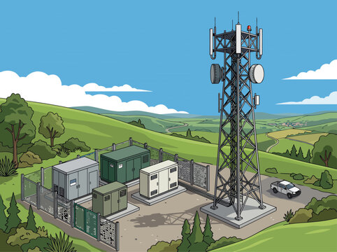 A stylized illustration depicts a cellular base station infrastructure on a rural hillside. It showcases a modern tower with equipment, ideal for technology, telecommunications, and landscape visuals.