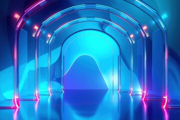 Fototapeta premium Futuristic corridor. Neon lights illuminate glossy surfaces, creating vibrant blue, pink reflections. Minimalist design evokes modern aesthetic.