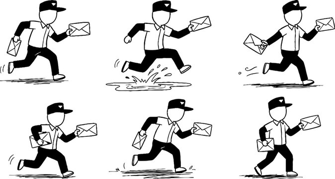 Cartoon mailman running with letters in hand.