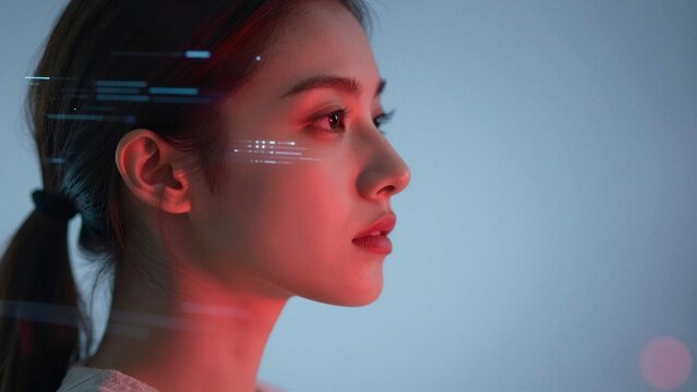Profile of a woman with red and blue light overlays, representing digital connectivity and virtual reality. Soft focus background enhances the high-tech theme.
